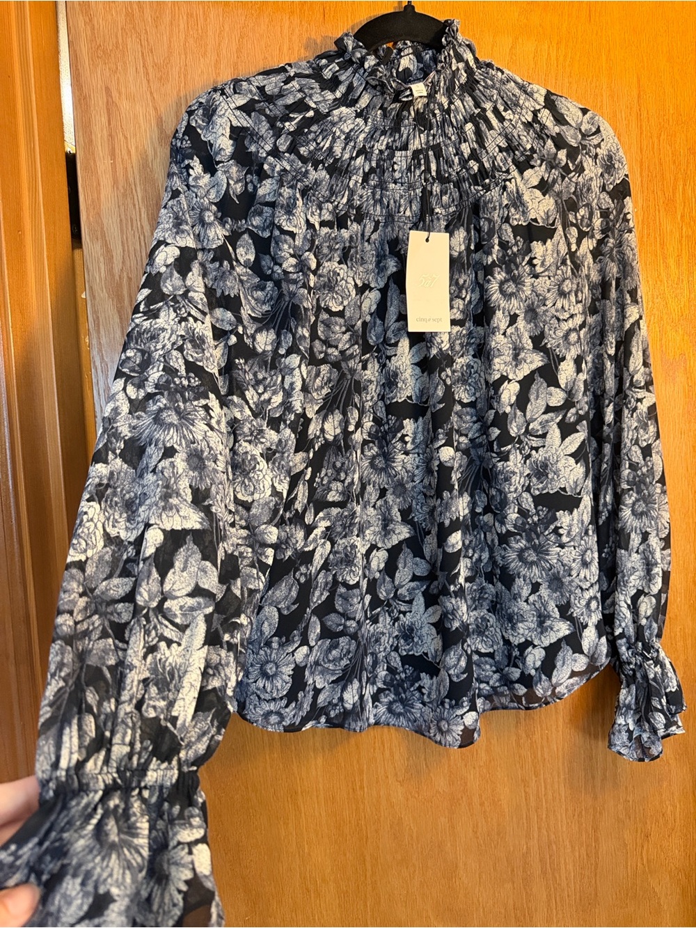 cinq a sept Black,White and dark blue Floral Smocked-Neck Blouse